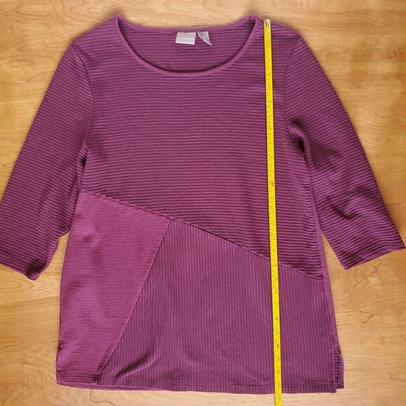Chicos Tunic Top Size 2 US L Burgundy Ribbed Knit Stripe Round Neck 3/4 Sleeve - Picture 5 of 7